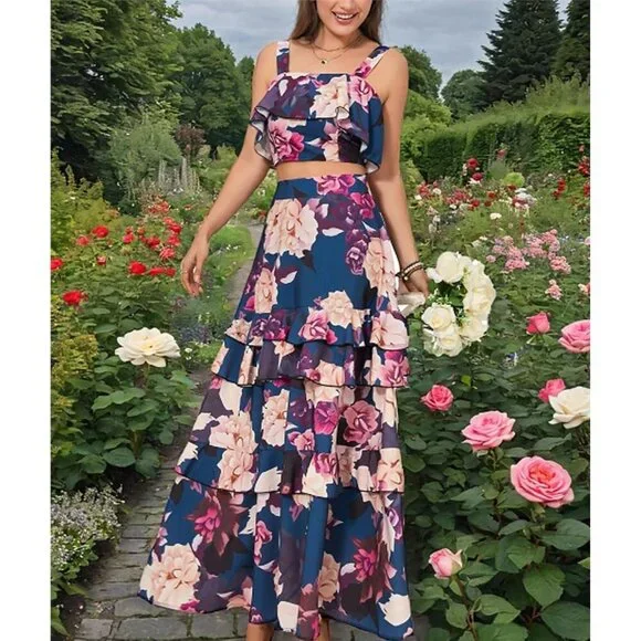 Women's Floral 2 Piece Outfit Crop Top & Maxi Skirt Summer Beach Vacation